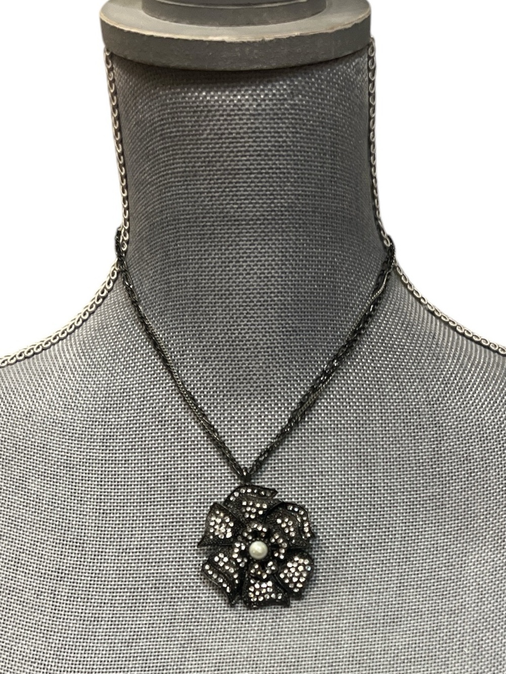 White House Black Market Black Crystal Flower Pendant with Pearl Accent